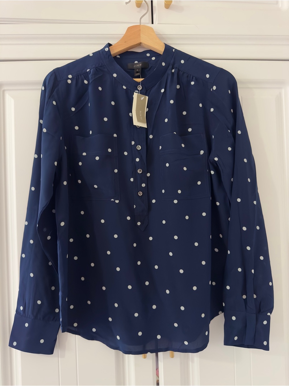 J. Crew 100% silk Navy and White Polka Dot Long-Sleeve Blouse